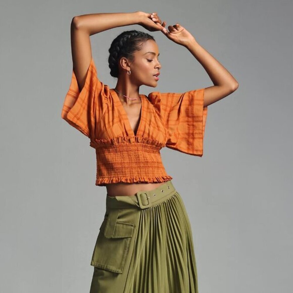 By Anthropologie Plunging V-Neck Smocked Kimono Blouse - NWT sz Medium